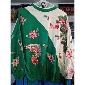 1980s 2 tone Christmas green and white ugly sweater Crewneck sweatshirt size L